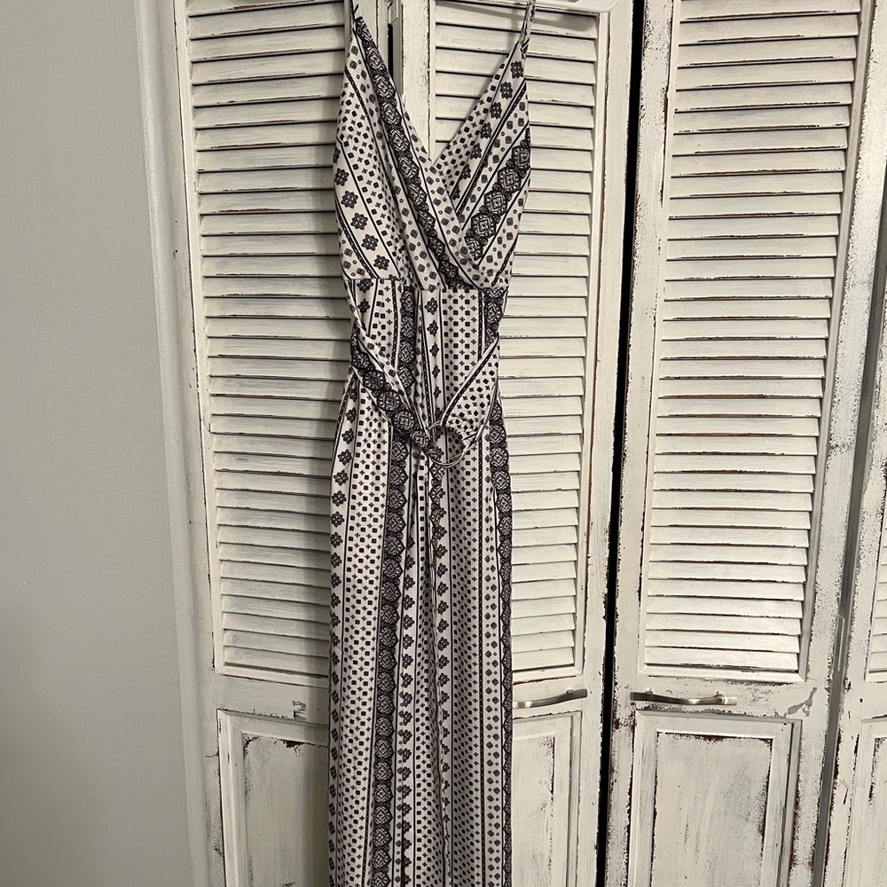 Silk, white and navy blue jumpsuit